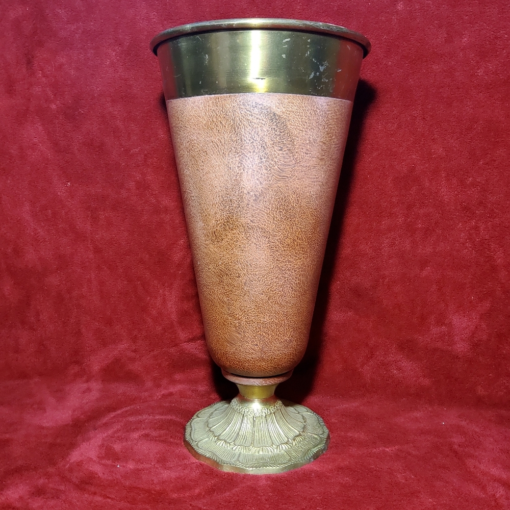 Vintage Metal Trumpet Flower Vase Medium Sized Burgundy & Gold Colored